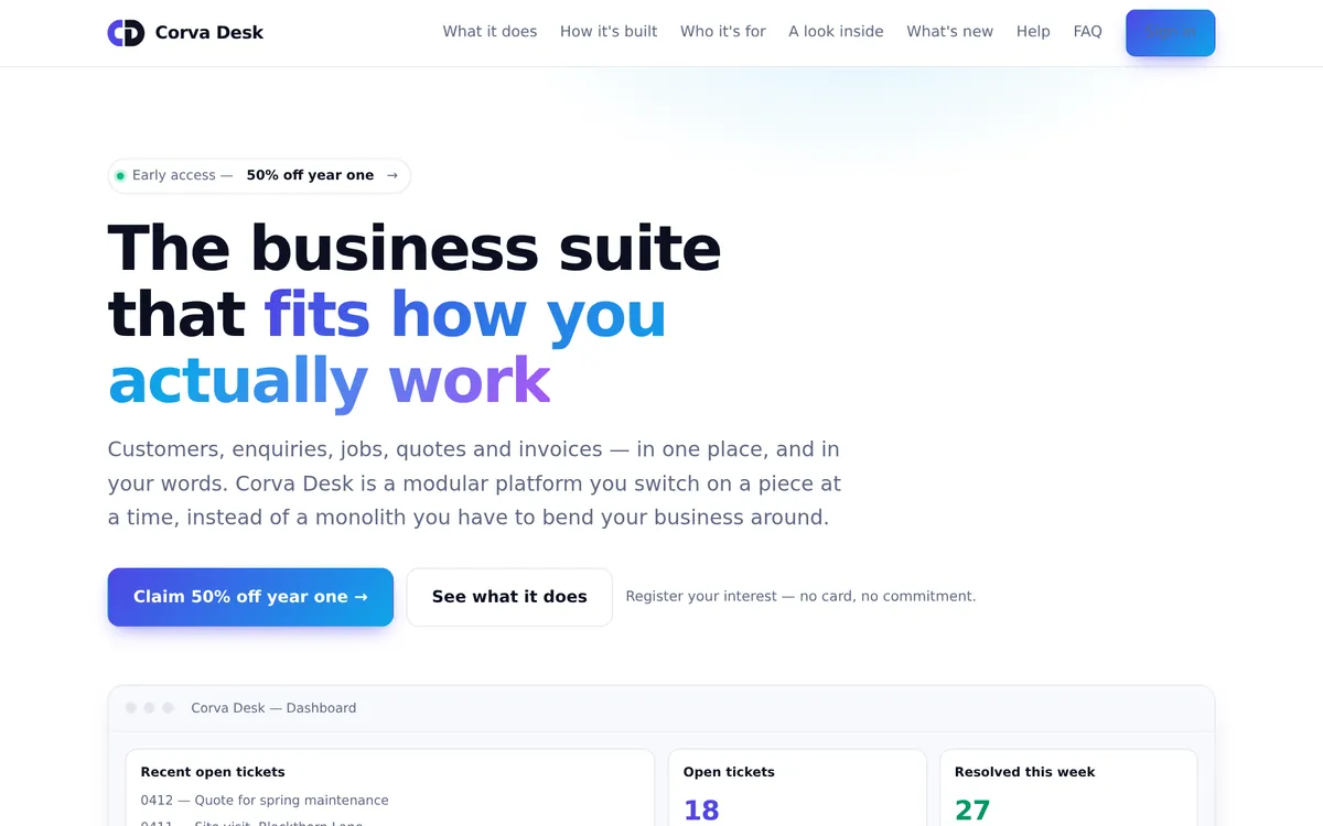 The Corva Desk home page, with an early access offer and a dashboard drawn with made-up tickets and figures