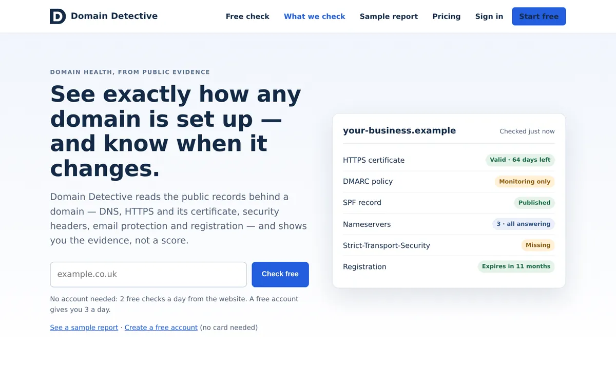 The Domain Detective home page, with a domain check box and a sample report for a made-up business domain