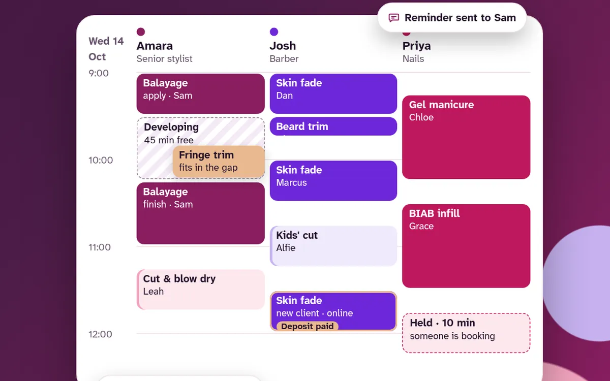 An example Salon Manager diary for three staff, with a colour's development time free for a fringe trim