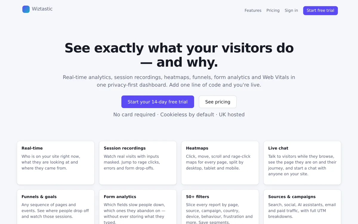 The Wiztastic home page, listing real-time analytics, session recordings, heatmaps and live chat